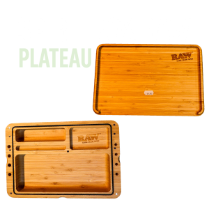 plateau en bois avec rangements et couvercle raw